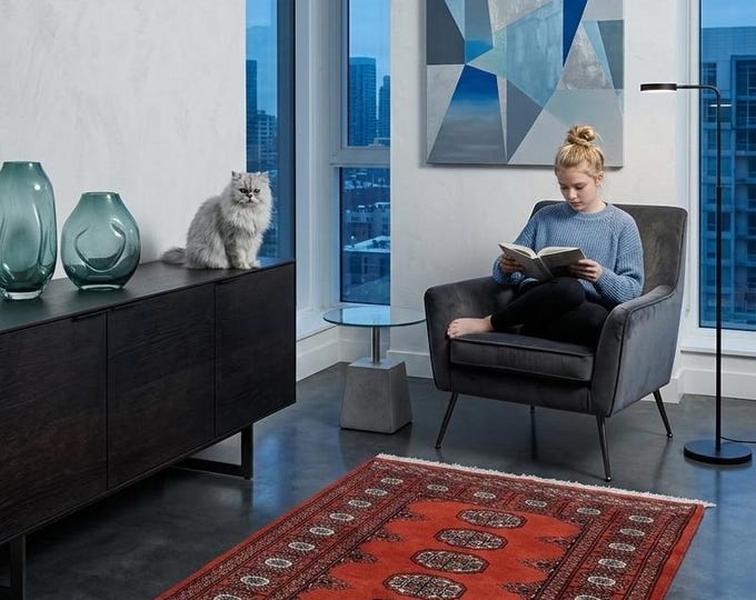 2.7 X 4.0 ft Red Geomatrical Handmade ,Mori Bokhara Cotton and Wool