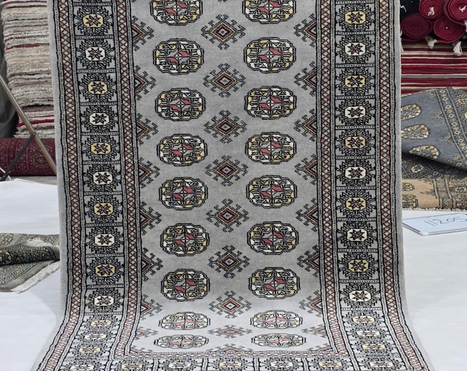 3 X 5 ft Gray Geometrical Handmade, Mori Bokhara Cotton and Wool