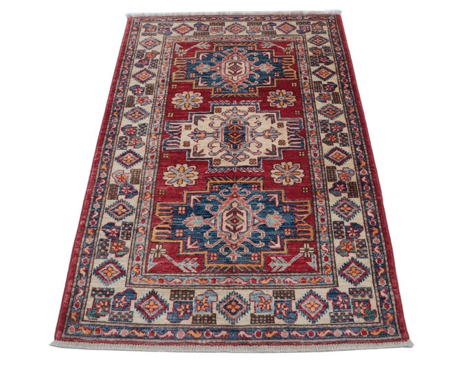 2.10 X 4.4 ft Red and Beige Geomatrical Handmade, Super Kazak Cotton and Wool