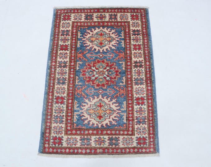 2.1 X 3.0 ft Blue and Beige Geomatrical Handmade , Super Kazak Cotton and Wool