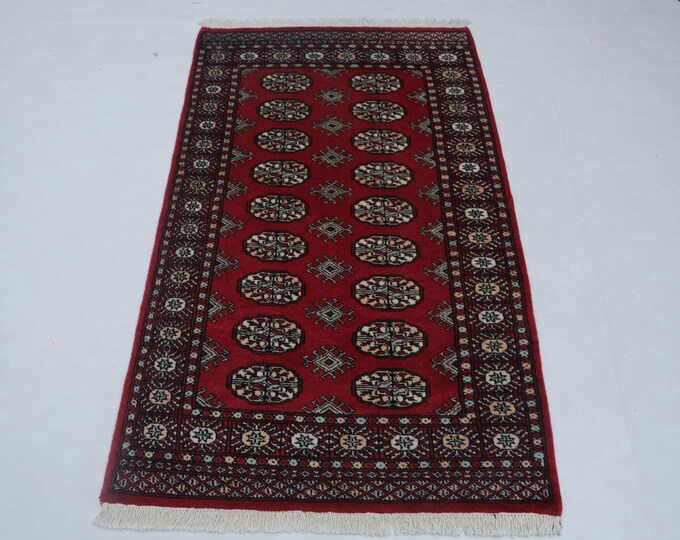 3.0 X 5.1 ft Red Geomatrical Handmade ,Mori Bokhara Cotton and Wool
