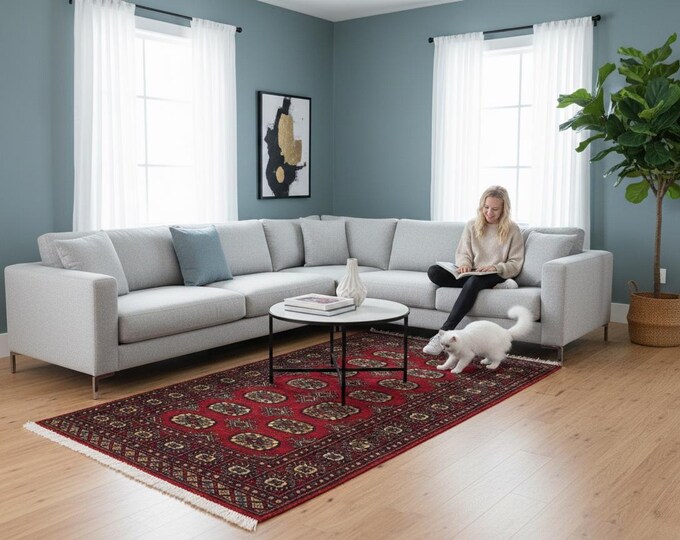 3.2 X 5.1 ft Red Geomatrical Handmade ,Mori Bokhara Cotton and Wool