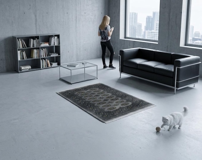 3.1 X 4.9 ft Gray Geomatrical Handmade ,Mori Bokhara Cotton and Wool