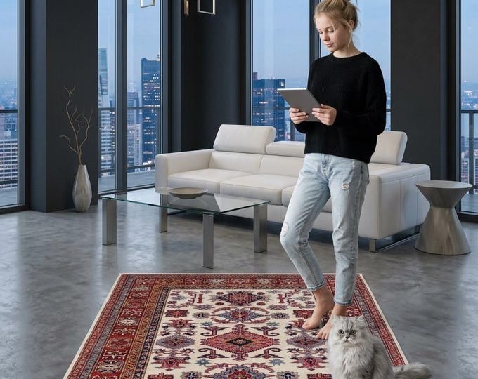 5 X 7 ft Beige and Red Geomatrical Handmade, Super Kazak Cotton and Wool