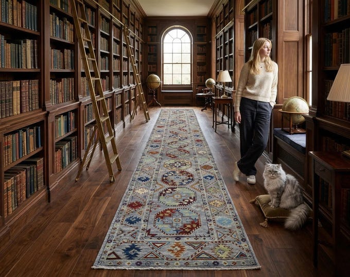 2 X 13 ft Gray Rainbow Handmade Runner, Khurjeen Cotton and Wool