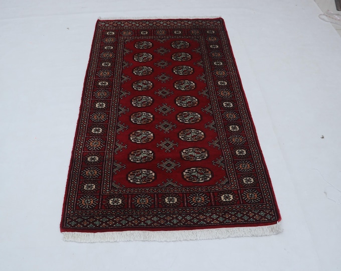 3.1 X 5.6 ft Red Geomatrical Handmade Runner, Mori Bokhara Cotton and Wool