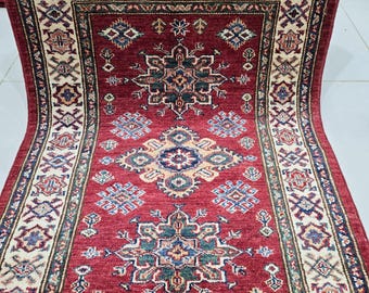 2.5 X 4 ft Handmade Geometrical Super Kazak Rug, Red and Beige, Cotton and Wool