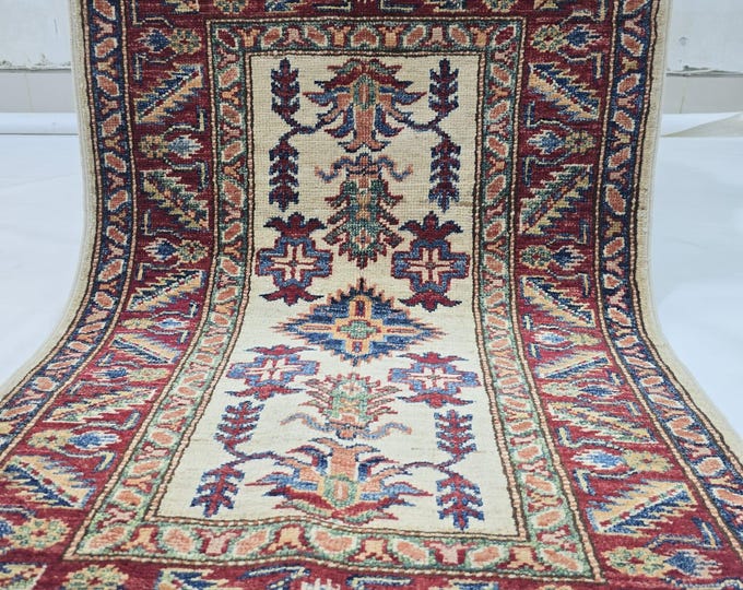 2 X 3 ft Handmade Floral Super Kazak Rug, Beige and Red, Cotton and Wool