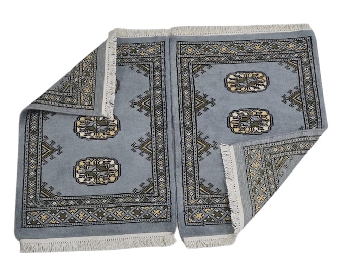 1.5 x 2 ft Geometrical Handmade, Sky Blue Mori Bokhara Rug Cotton and Wool (2  pieces)