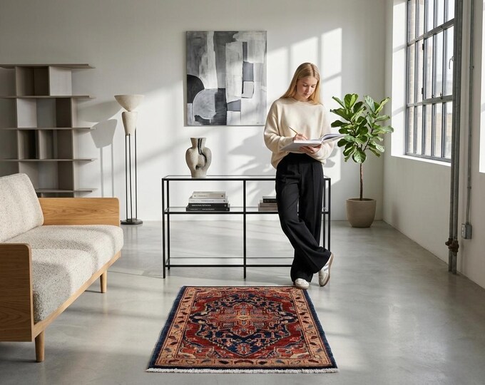 2.1 X 2.11 ft Red and Beige Floral Handmade  ,Heriz Cotton and Wool