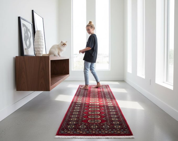 2.2 X 5.10 ft Red Geomatrical Runner Handmade, Mori Bokhara Cotton and Wool