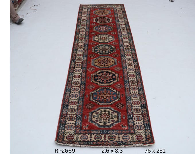 Hand-knotted Wool Rug, Red Geometric Kazak Style, 2.6 x 8.3 ft