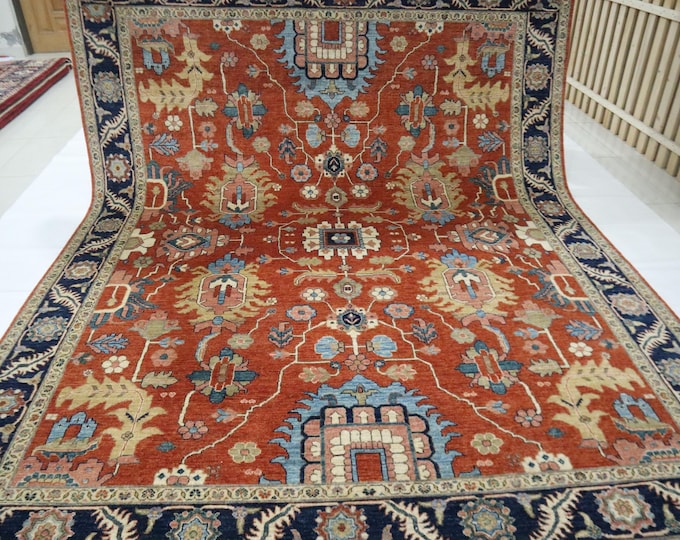 8x10 Afghan Chobi Rug – Rust and Blue Hand-Knotted Wool Area Rug