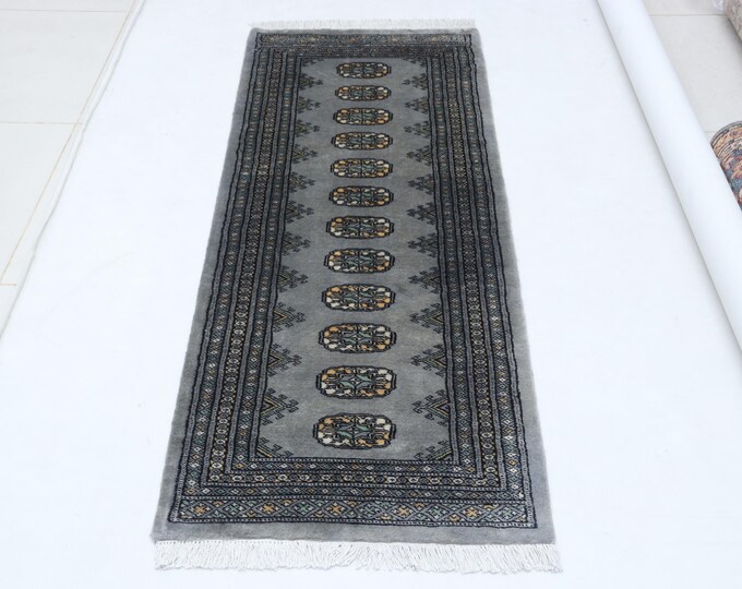 2.2 X 5.6 ft Gray Geomatrical Runner Handmade, Mori Bokhara Cotton and Wool