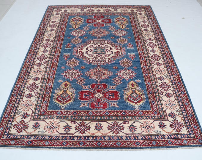 5.7 X 8.0 ft Blue and Beige Geomatrical Handmade , Super Kazak Cotton and Wool