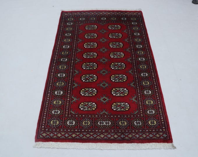 3.2 X 5.2 ft Red Geomatrical Handmade Runner, Mori Bokhara Cotton and Wool
