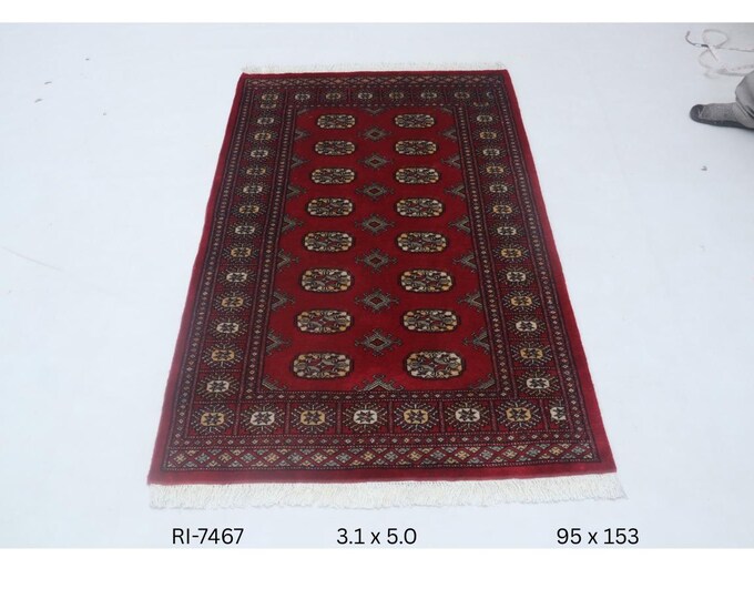 Hand-knotted Mohri Bokhara Cotton and Wool Rug, Geomatrical in Red base and Red border, 3.1 x 5.0 ft