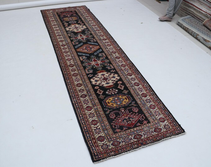 Hand-knotted Kazak Rug, Black and Beige, 2.8 x 9.6 ft