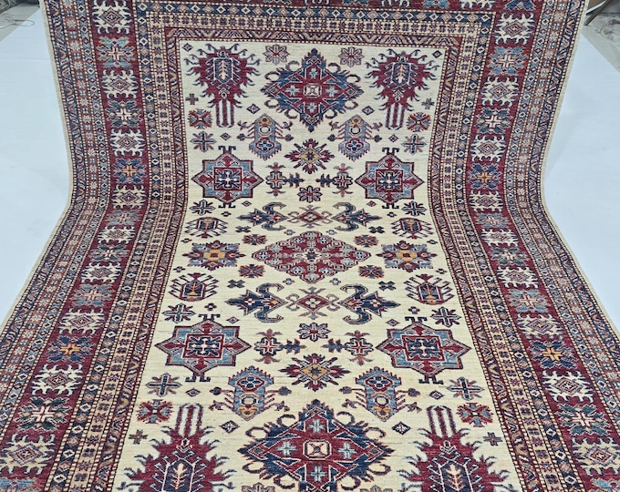 5.5 X 8 ft Handmade Geometrical Super Kazak Rug, Beige and Red, Cotton and Wool