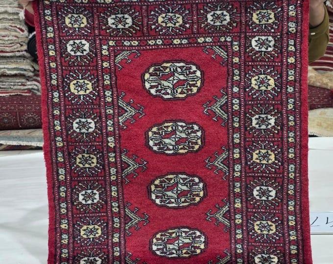 2 X 3 ft Red Geometrical Handmade, Mori Bokhara Rug Cotton and Wool
