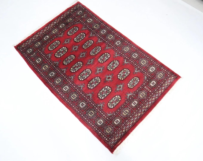 3 X 5 ft Handmade Geometrical Mori Bokhara Rug, Red, Cotton and Wool