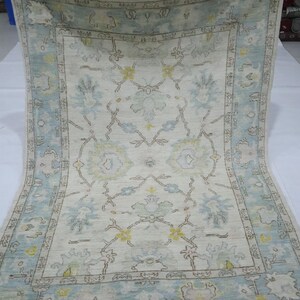 6x9 Ft Oushak Area Rug - Beige Blue Turkish Hand Knotted Traditional Soft Wool Rug - Muted Rug - Oriental Rug - Bedroom Rug - Office Rug