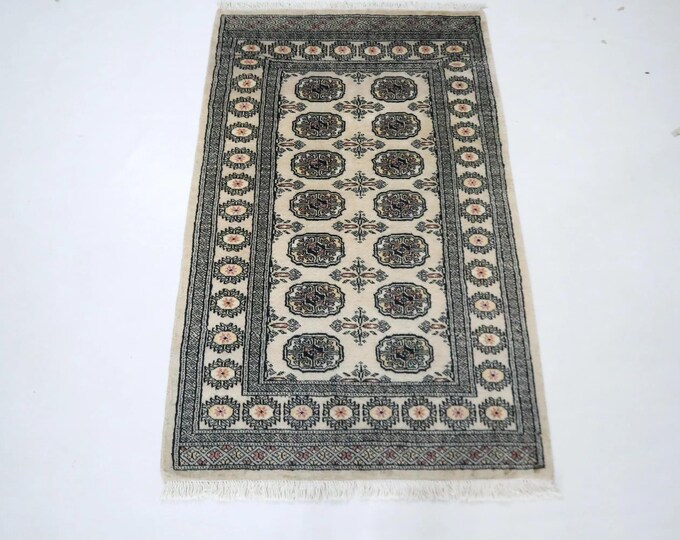 3 X 5 ft Handmade Geometrical Mori Bokhara Rug, Beige, Cotton and Wool