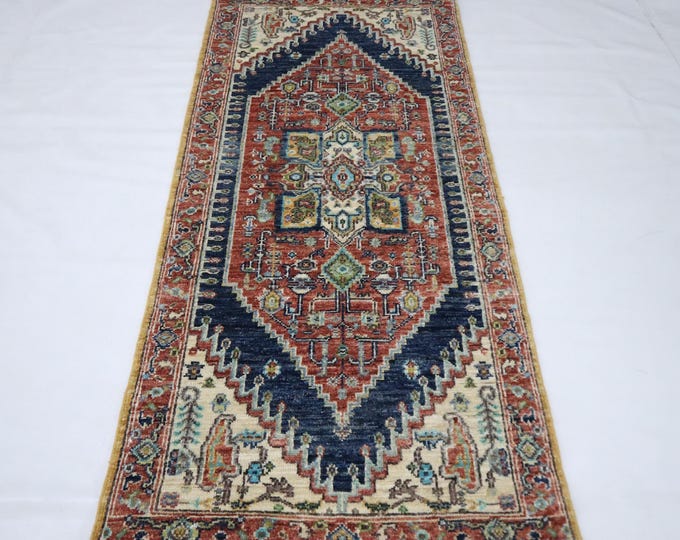 5 Ft Hand Knotted Wool Runner Rug, Rust Blue Heriz Afghan Design