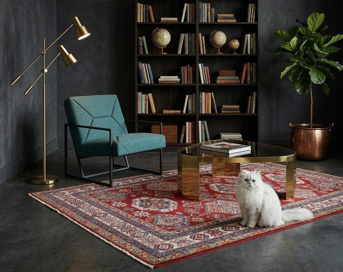 4.9 X 6.11 ft Red and Beige Geomatrical Handmade , Super Kazak Cotton and Wool