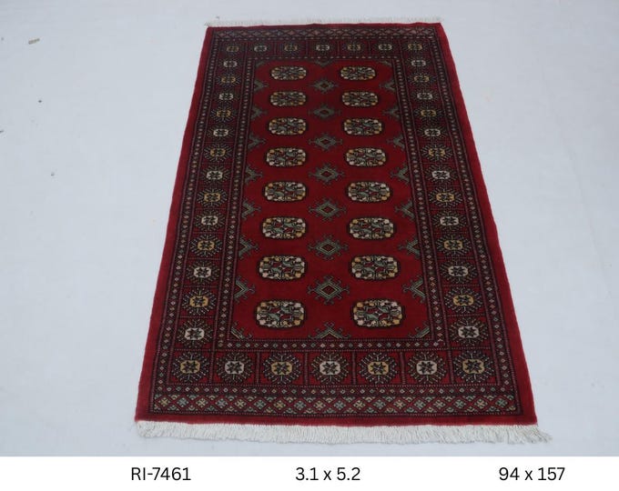Hand-knotted Mohri Bokhara Cotton and Wool Rug Geomatrical in Red and Red border, 3.1 x 5.2 ft