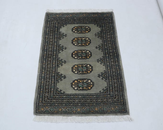 2.0 X 2.11 ft Gray Geomatrical Handmade ,Mori Bokhara Cotton and Wool