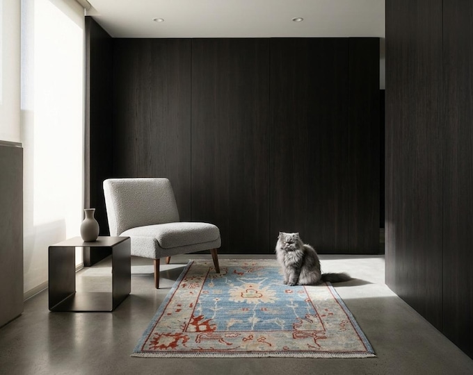 2.2 X 3.1 ft Beige and Blue Floral Handmade ,Heriz Cotton and Wool