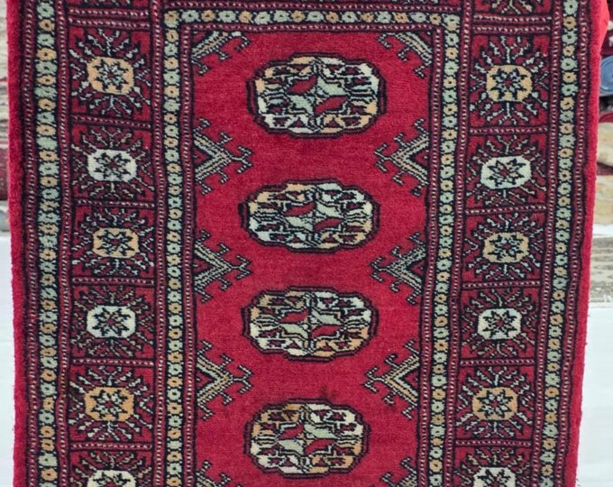 2 X 3 ft Red Geometrical Handmade, Mori Bokhara Cotton and Wool