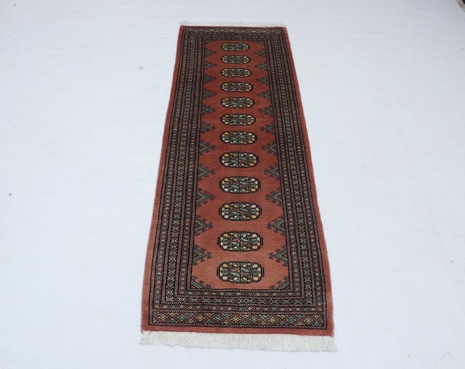 2.0 X 6.0 ft Copper Geomatrical Runner Handmade, Mori Bokhara Cotton and Wool