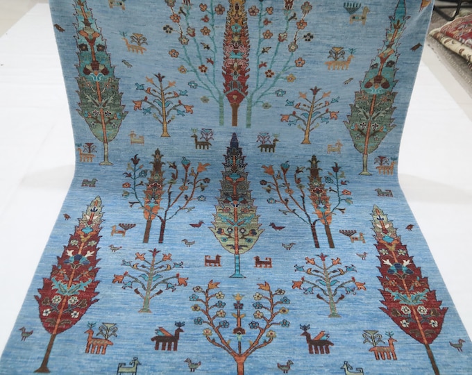 5x6' Afghan Wool Rug – Light Blue Tree of Life, Handmade Tribal Rug