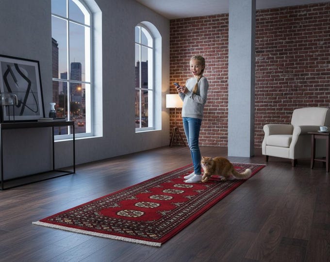 2.1 X 6.3 ft Red Geomatrical Runner Handmade, Mori Bokhara Cotton and Wool