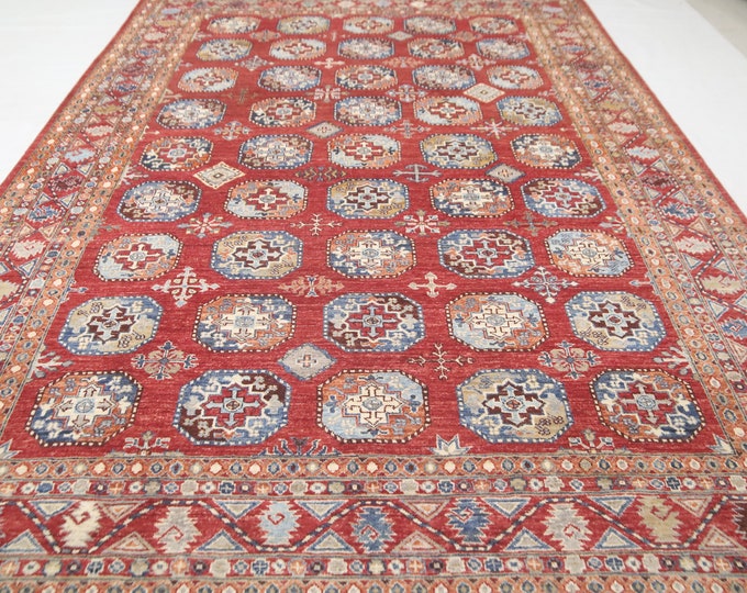 Handmade Ersari Wool Rug - 6.6x9.5 ft, Afghan Geometric Tribal Rug
