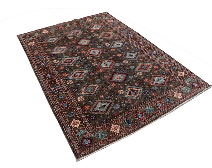 4.9 X 6.7 ft Gray Geomatrical Handmade , Super Kazak Cotton and Wool