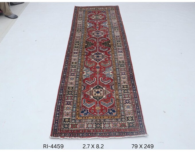 Hand-knotted Super Kazak Cotton and Wool Rug, Geomatrical in Red base and Beige border, 2.7 X 8.2 ft