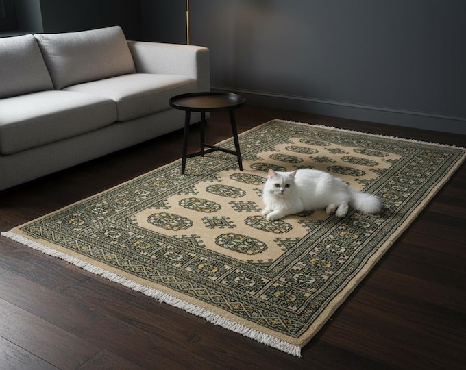 3.1 X 5.2 ft Beige Geomatrical Handmade ,Mori Bokhara Cotton and Wool