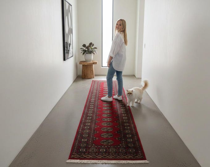 2.8 X 10.3 ft Red Geomatrical Runner Handmade, Mori Bokhara Cotton and Wool