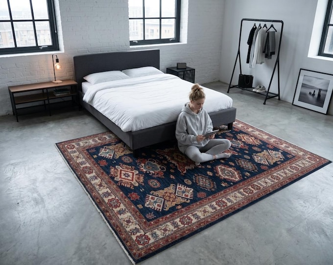 6 X 8 ft Blue and Beige Geomatrical Handmade, Super Kazak Cotton and Wool