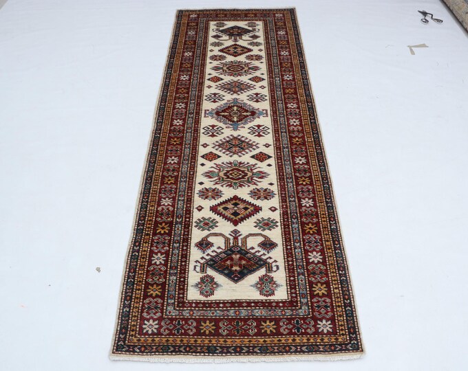 3 X 8 ft Beige and Red Geomatrical Handmade Runner, Super Kazak Cotton and Wool