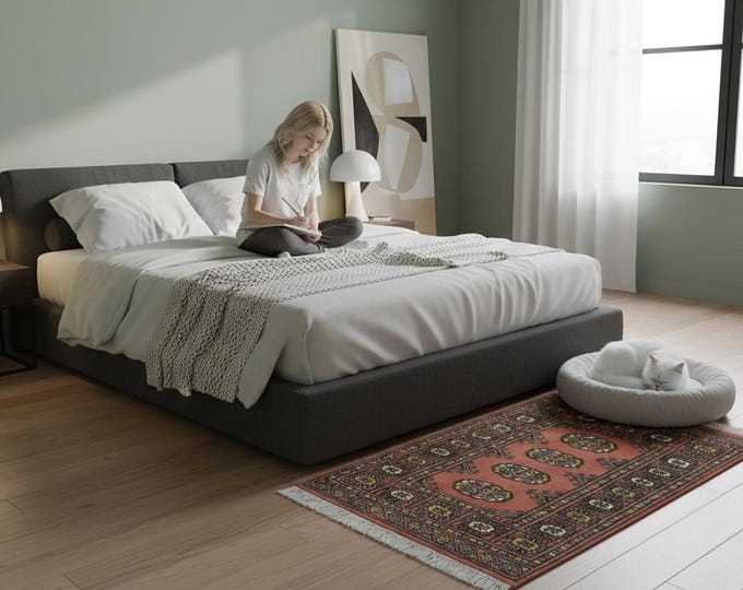 2.0 X 3.0 ft Copper Geomatrical Runner Handmade, Mori Bokhara Cotton and Wool