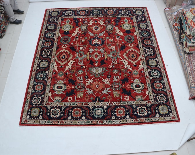 8.2 X 9.9 ft Red and Black Floral Handmade ,Heriz Cotton and Wool