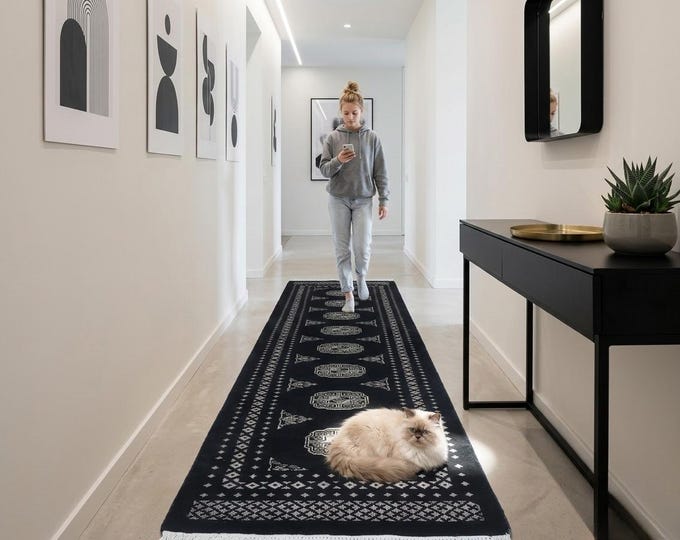 2.0 X 6.2 ft Black Geomatrical Handmade Runner, Mori Bokhara Cotton and Wool