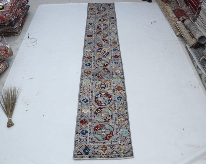 2 X 13 ft Gray Rainbow Handmade Runner, Khurjeen Cotton and Wool