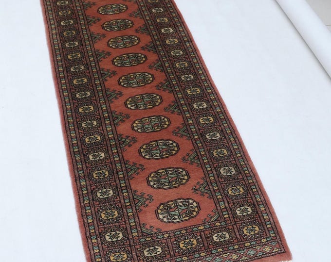 2.0 X 5.6 ft Copper Geomatrical Runner Handmade, Mori Bokhara Cotton and Wool