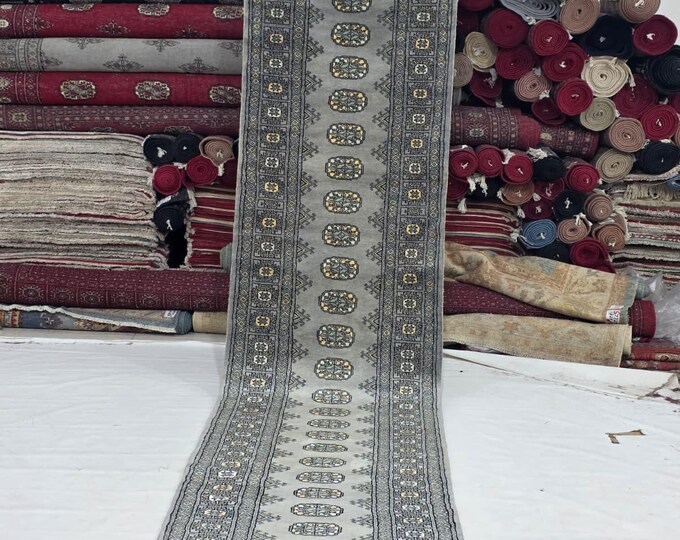 3 X 12 ft Gray Geomatrical Handmade Runner, Mori Bokhara Cotton and Wool