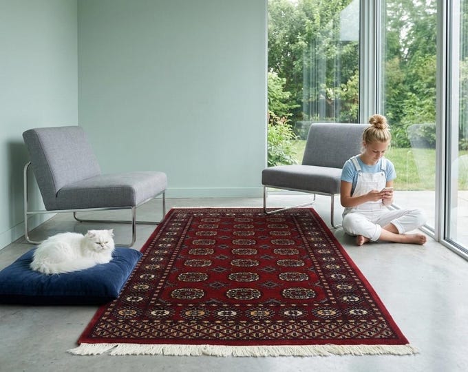 3.1 X 5.1 ft Red Geomatrical Handmade Runner, Mori Bokhara Cotton and Wool